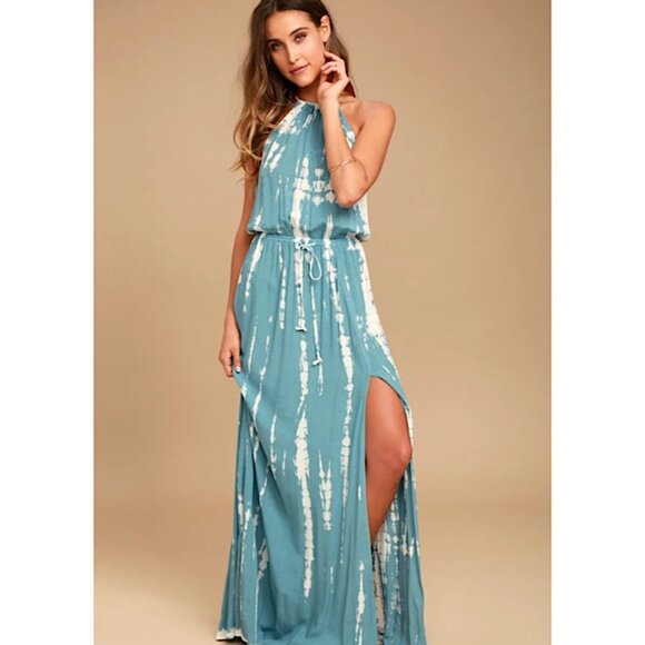 NWT Lulus In a Daydream Blue & White Tie-Dye Maxi Dress - Halter Dress, Size M - Picture 2 of 10